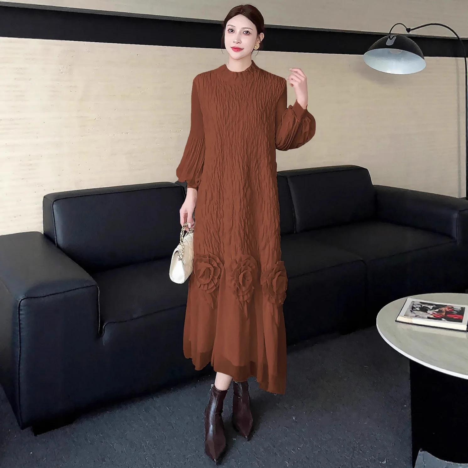Miyake plissé 2025 nouvelle robe ample grande taille femmes à manches longues automne et hiver tempérament à la mode longue jupe de Base
