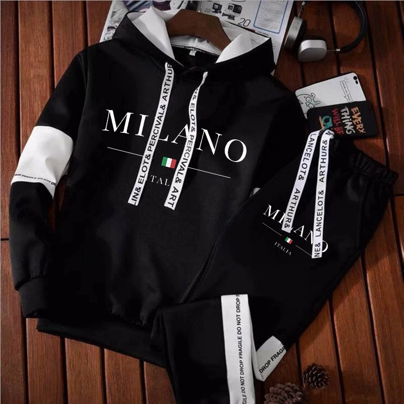 Men Milano Letters Print Sweatshirt Set Hoodies Sweatpants Tracksuit Design Outfits Jogger Suit Male Pullover Luxury Streetwear