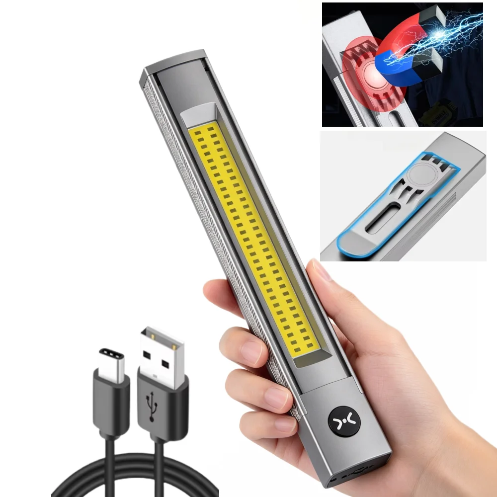 Clip-on COB Magnetic Work Light USB Recharge LED Torch with 61 Lamp Beads for Vehicle Repair Workshop Emergency Lighting