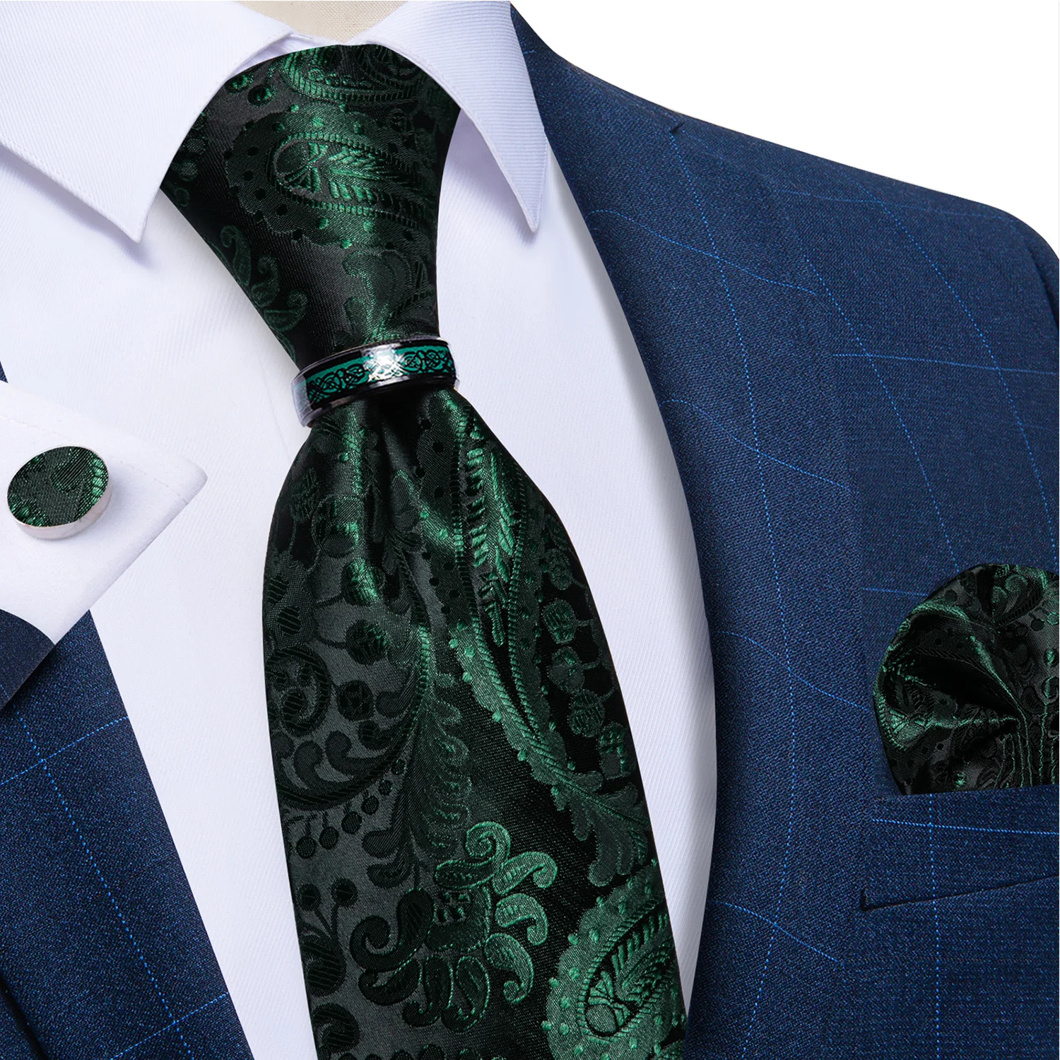 Green Men Paisley Ties Handkerchief Cufflinks Stainless Steel Dragon Ring Wedding Party Accessories Gift 8cm Necktie Wholesale