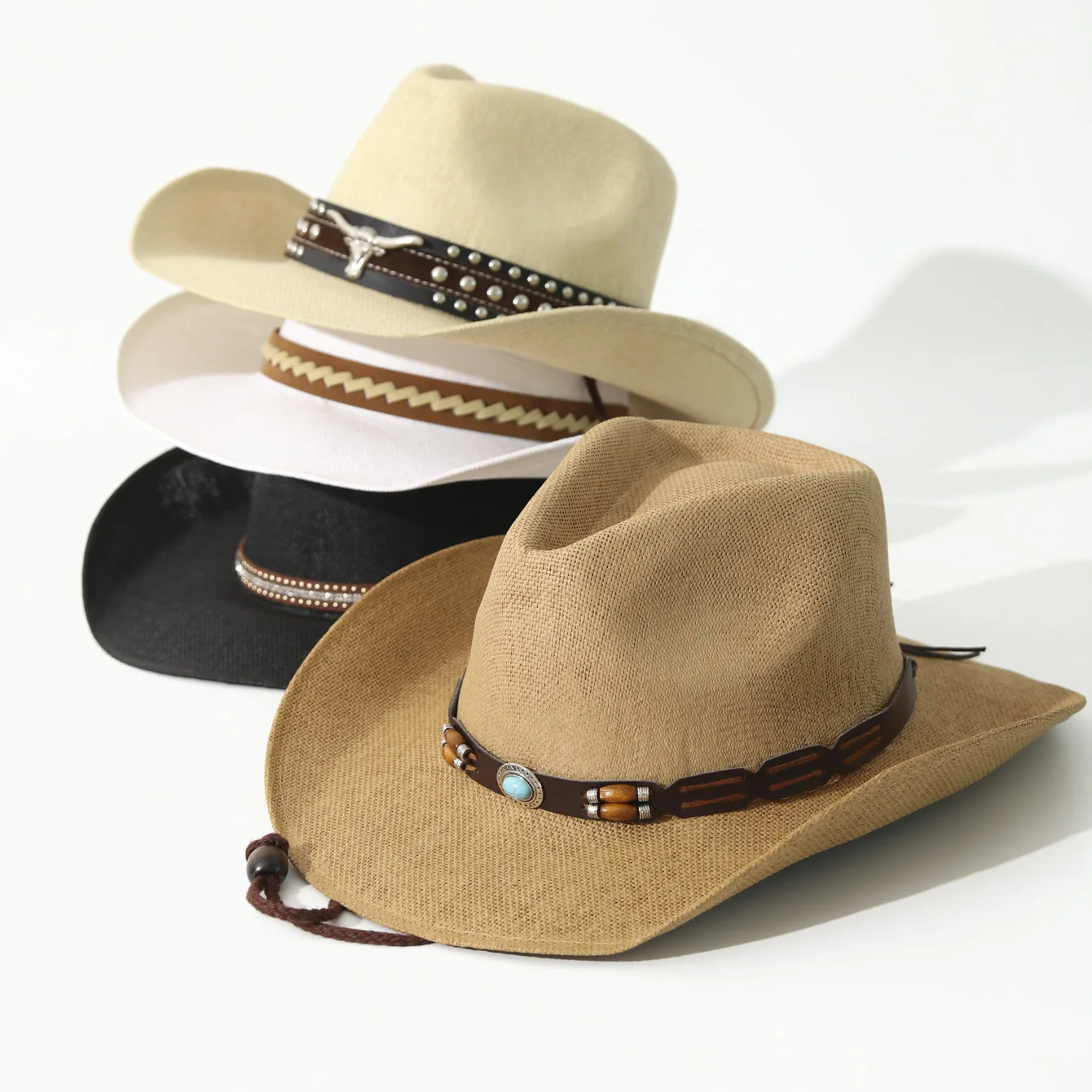 Windproof Strap Hard Belt Straw Hat, Shapable Western Cowboy Vintage Sun Cap with Chin Strap