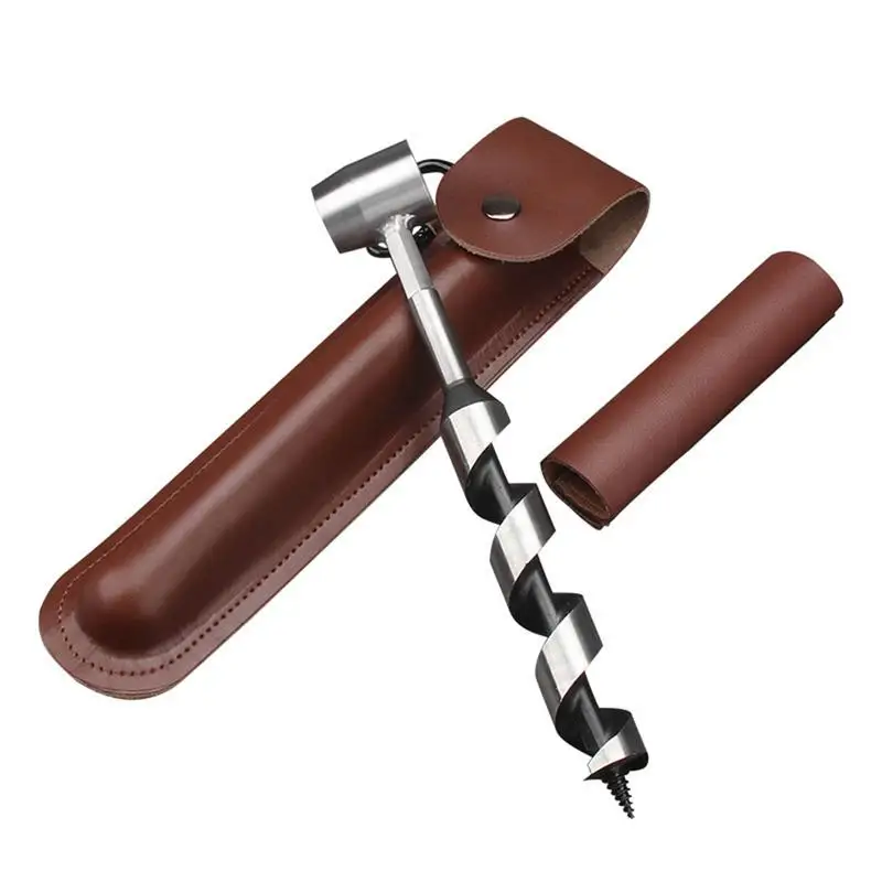 Survival Auger Tool Manual Drill Bit Outdoor Wood Punch Tools Hand Auger For Bushcraft Camping Equipped With Leather Case