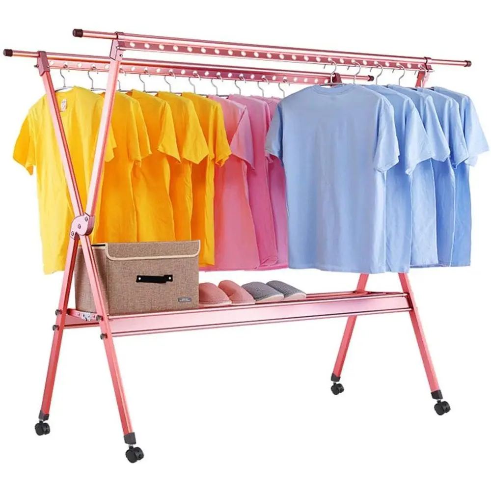 

Pink Expandable Aluminum Clothes Drying Rack with Wheels and Shelves for Indoor/Outdoor Use