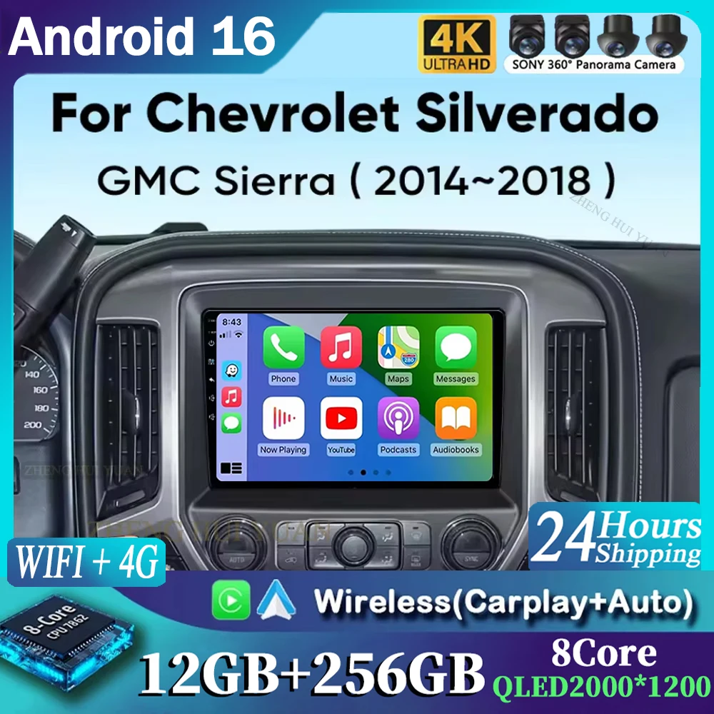 Android 16 Car Radio for Chevrolet Silverado 3 GMTK2 2014-2018 Wireless Carplay Android Auto Navigation Multimedia Stereo
