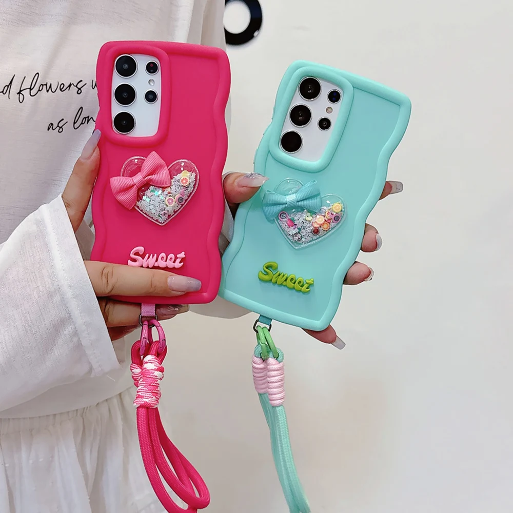 Cute Wavy Silicone Wrist Strap Lanyard Phone Case for Samsung A73 A55 A54 A53 A52 A51 A50 A35 A34 A33 A32 A25 A24 A23 A15 A14 5G