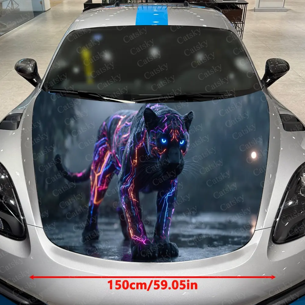Cyber Neon Panther Ambush Car Vinyl Wrap, PVC Waterproof Car Hood Sticker, Self-Adhesive Scratch-Resistant Stickers