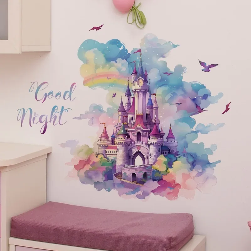 New Cartoon Cloud Rainbow Castle Watercolor Wind Girl Room Children's Room Decorative Wall Sticker Self-adhesive