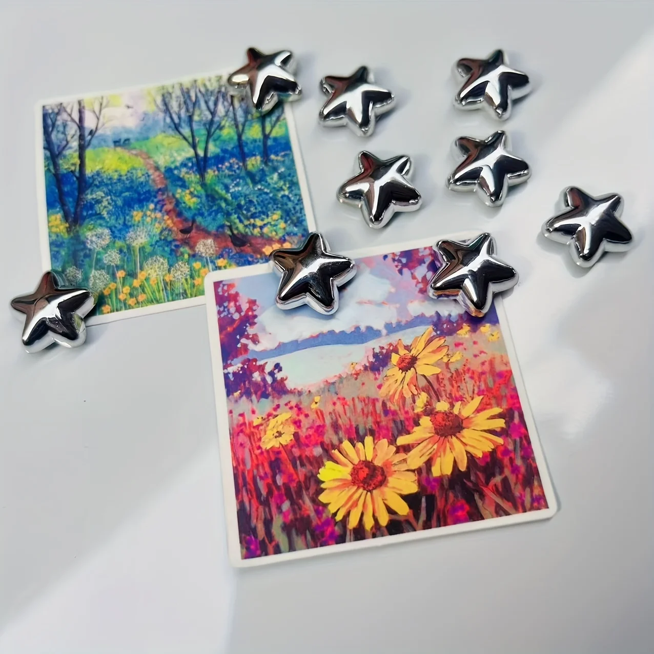 9pcs Cute Cartoon Star Refrigerator Magnets - Vibrant Floral & Nature Designs, Plastic Round Stickers for Kitchen,and Home Decor