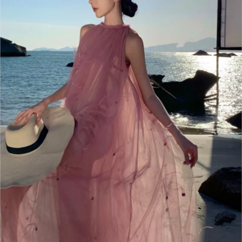 Morning Gowns Women's Bride Engagement Dress Super Fairy Pink Halter Seaside Vacation