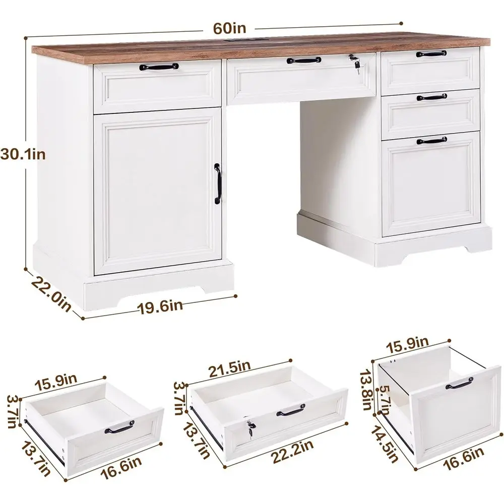 60 Lockable Office Desk with Charging Station, Home Office Desk with 4 Drawers and 1 File Cabinet