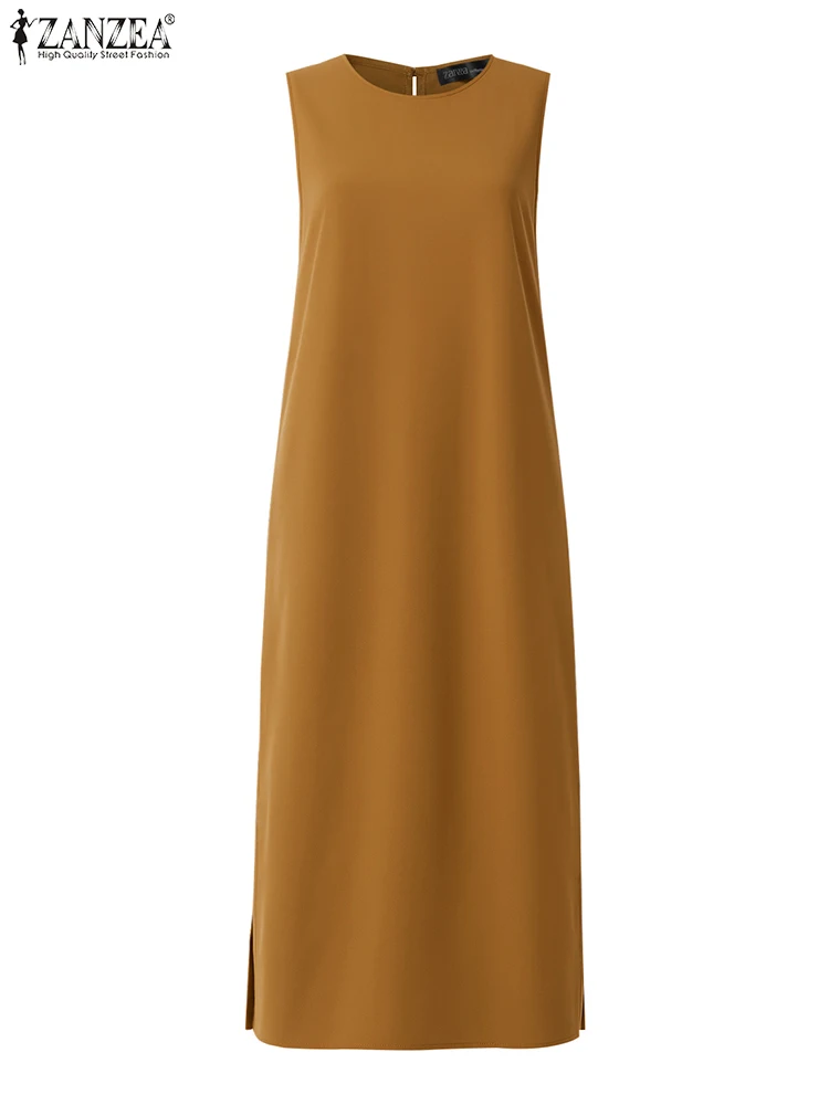 ZANZEA 2025 Zomer Mouwloze Maxi Jurken Mode O-hals Casual Vrouwen Lange Gewaden Femme Side-Slit Pendelen Solid Tank vestidos