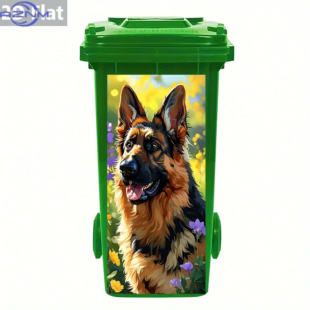 1pc 2D Flat Side View German Shepherd in Flowers PVC Trash Can Sticker, Waterproof & Removable, Suitable for Bin Decor, Wall A