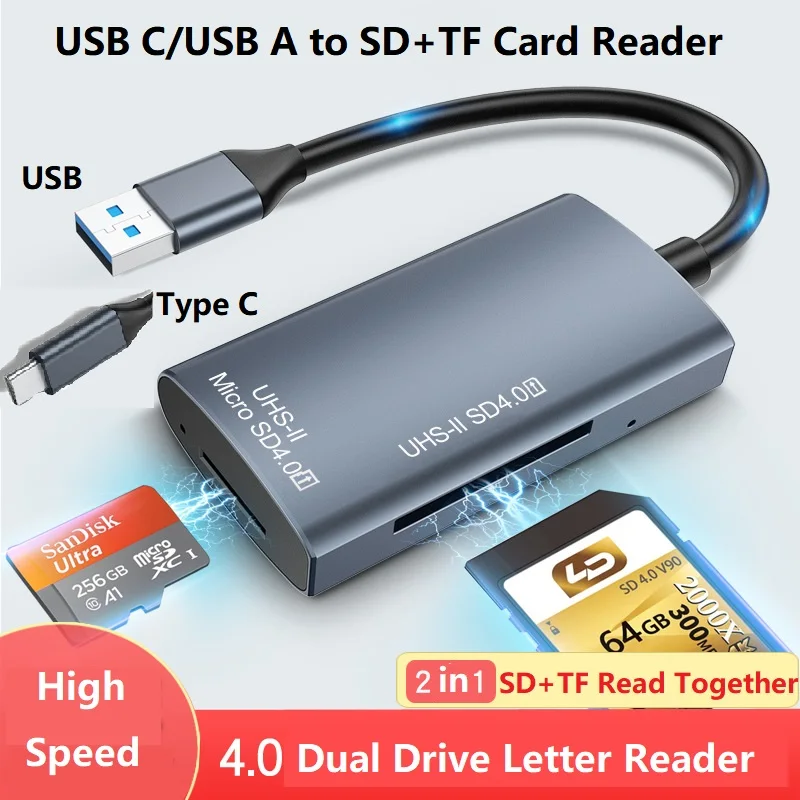 USB SD 4.0 Card Reader 2-in-1 Memory Card Reader for SDXC SD Micro SD UHS-II and UHS-I Cards USB A/Type-C to SD TF Card Reader