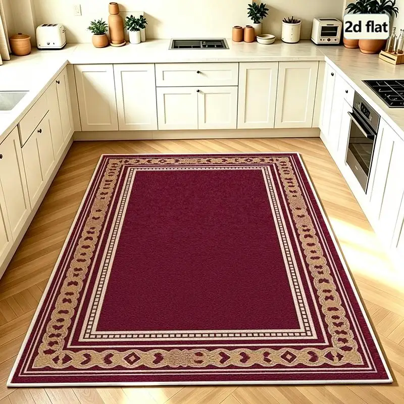 Carpet Flooring Burgundy Solid Center Square Area Rug Classic Geometric Border Floor Mat for Household Decor