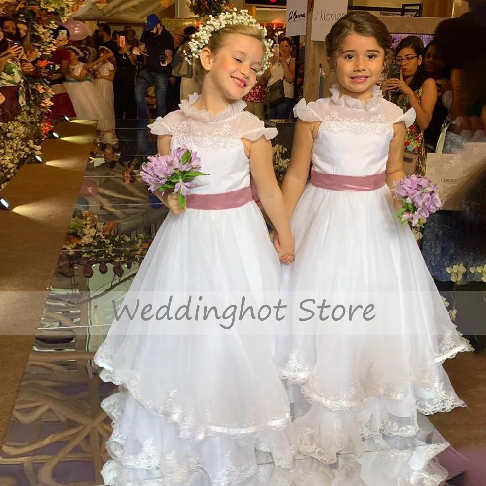 Flower Girl Dresses for Weddings White High Collar A Line   Gowns Long Applique Sash Bow Formal Party Dress  Child