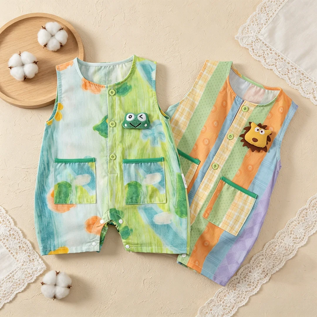 Summer Baby Bodysuit Cartoon Decal Color Blocking Sleeveless Jumpsuit for Boys and Girls Breathable Soft Toddler Romper