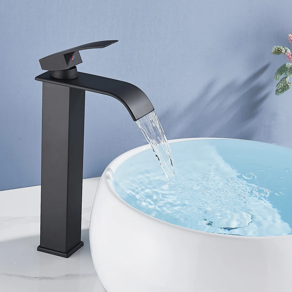 

Square Chrome and Black Waterfall Basin Sink Faucet Bathroom Mixer Tap Wide Spout Vessel Sink Faucet Hot Cold Water Tap