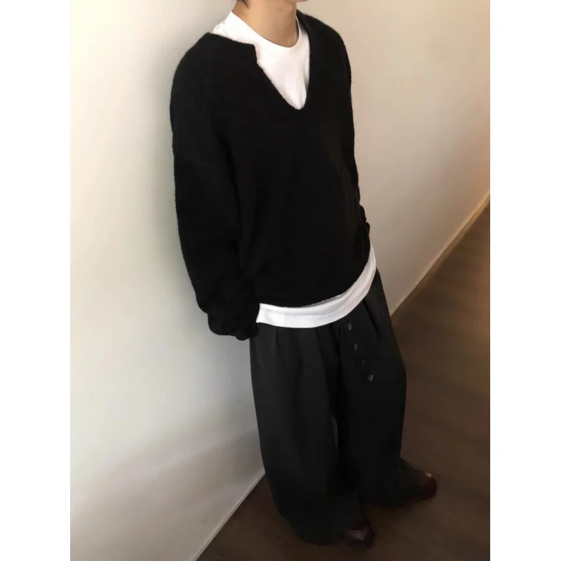 سلع عالية 「Wool Blend」 سترة صوفية ذات ياقة V للرجال، للخريف والشتاء، نمط كسول، ملابس تريكو ملونة