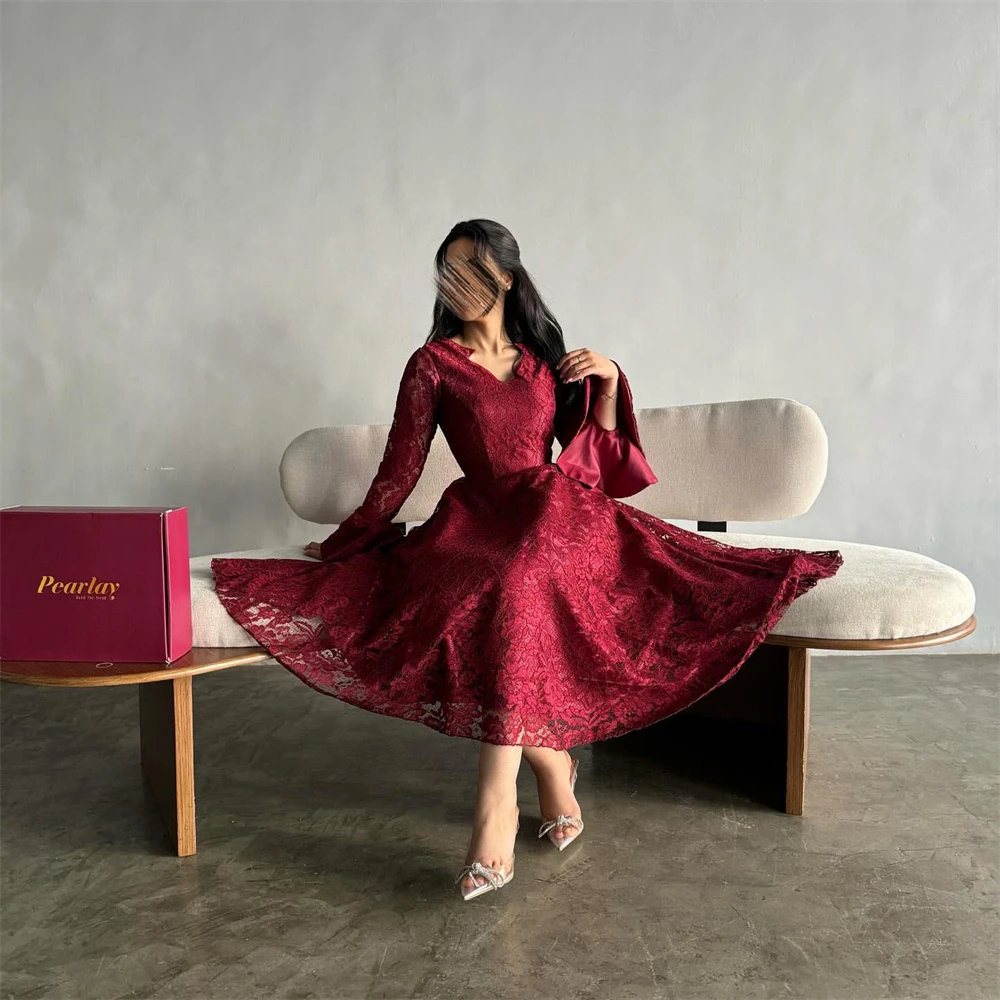 Tarot Burgundy Red V Neck Evening Dresses Lace Appliques Long Flared Sleeves Women Wear Dress A Line Tea Length Holiday Dress