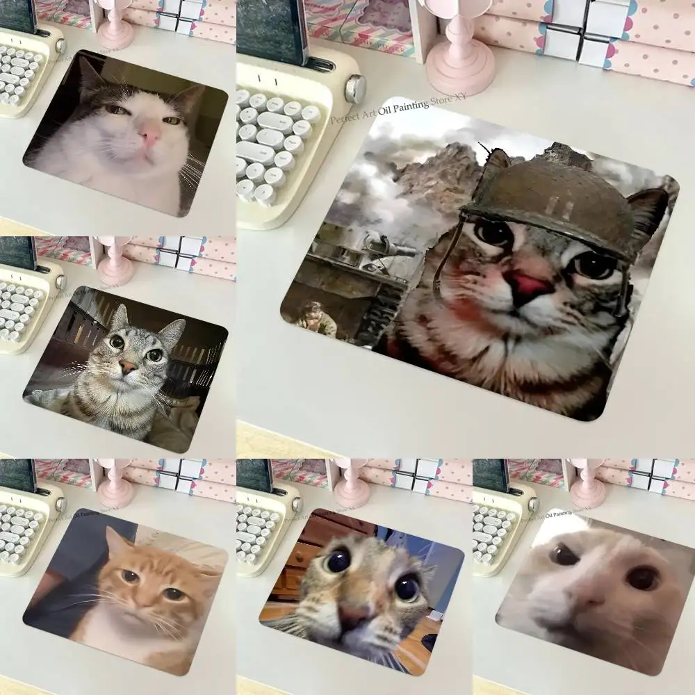 Cute Cat Thousand Yard Stare Meme Mousepad Small LockEdge Mouse Pad For Gamers Computer Desk Pad Rectangular Anti-slip Rubber