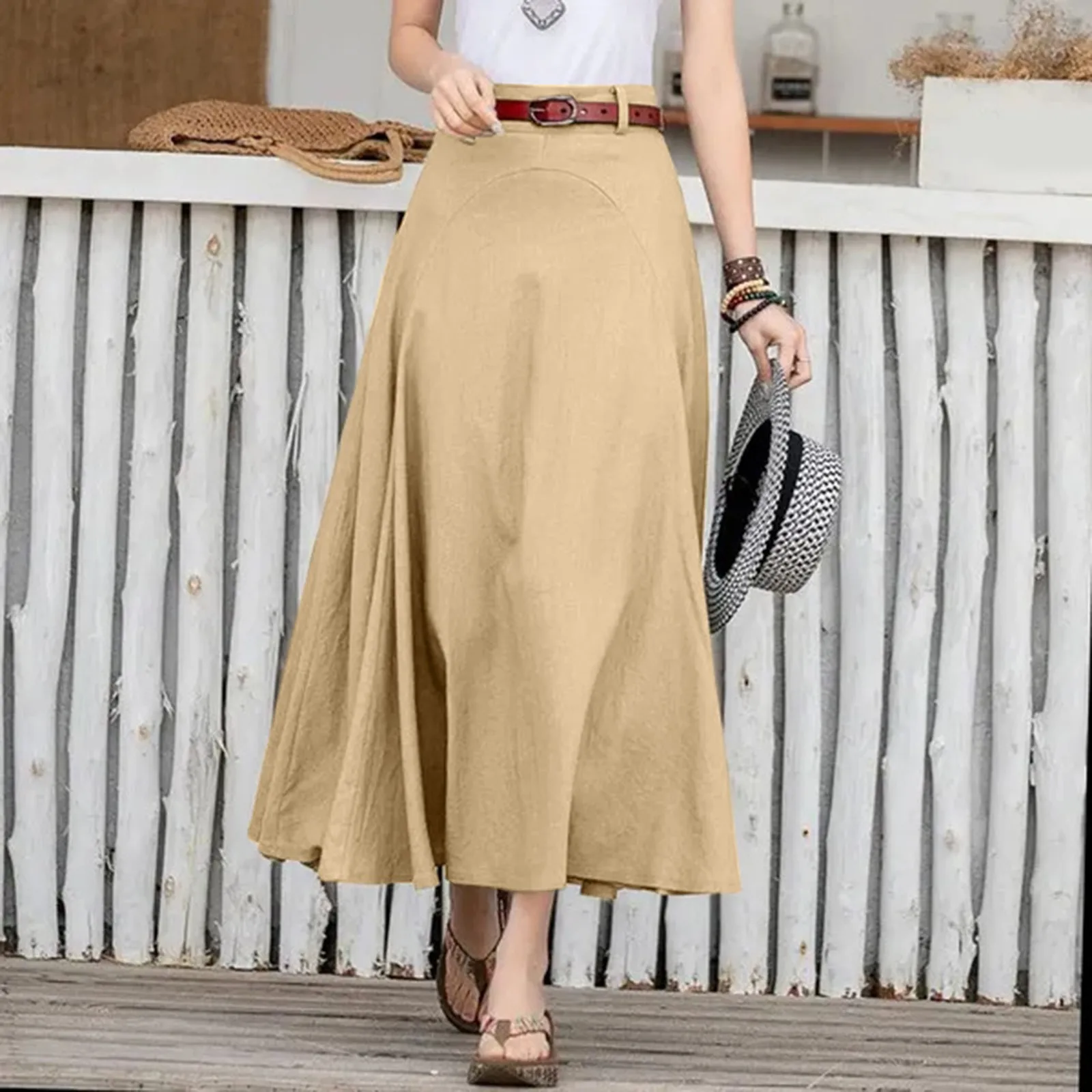 Elegante 2024 Zomer Casual Midi Rokken Vrouwen A-Lijn Oversized Patchwork Rok Effen Kleur Onderkant Dames Rits Hoge Taille Rok