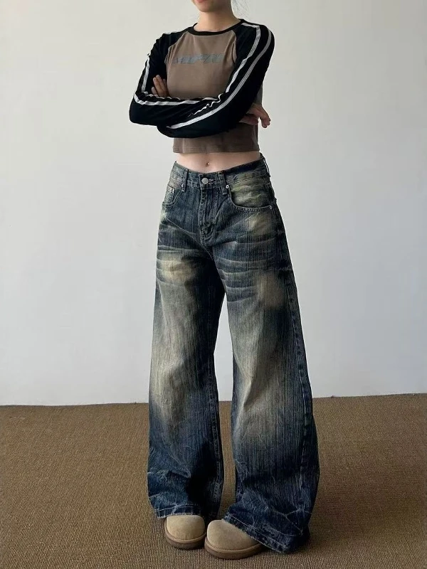 

Мужские винтажные джинсы с низкой посадкой и широкими штанинами, свободного кроя, из денима, с эффектом потертости, ручной работы, в американском стиле