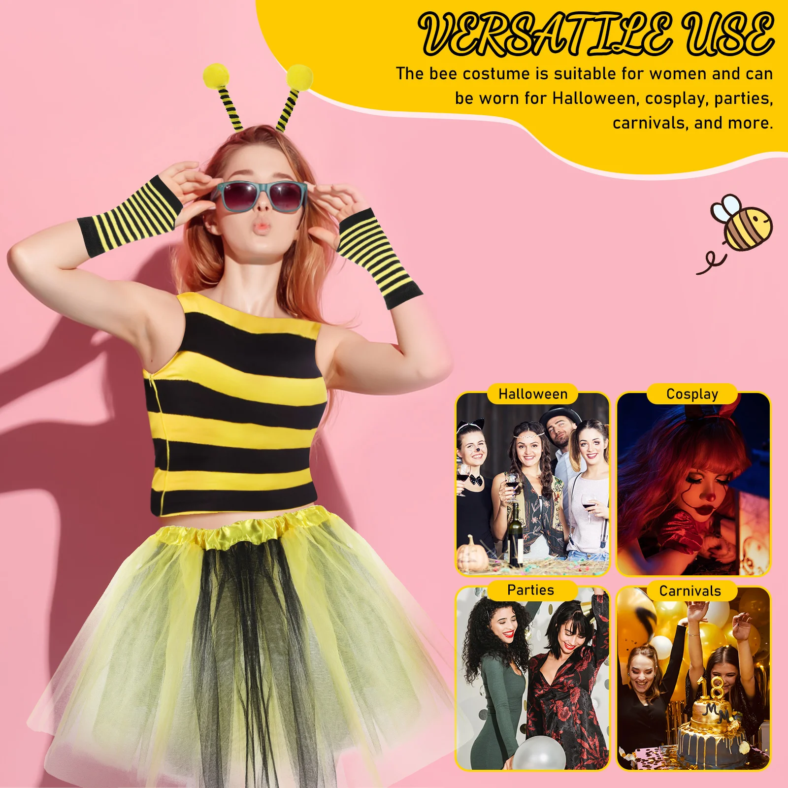

1 set Bee Costume Women Complete Outfit Halloween Bee Headband Tutu Skirts Breathable Fabrics Exquisite Details Versatile Use