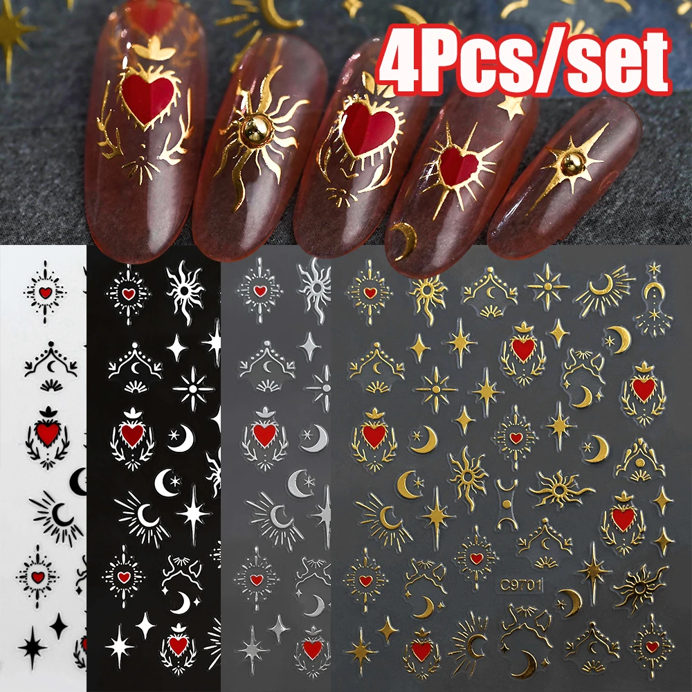 4Pcs/set Bronzing Love-Heart Nail Art Stickers Gold/Silver/Black/White Star Moon Decal 8*10cm Star Moon Heart Adhesive Slider&*&