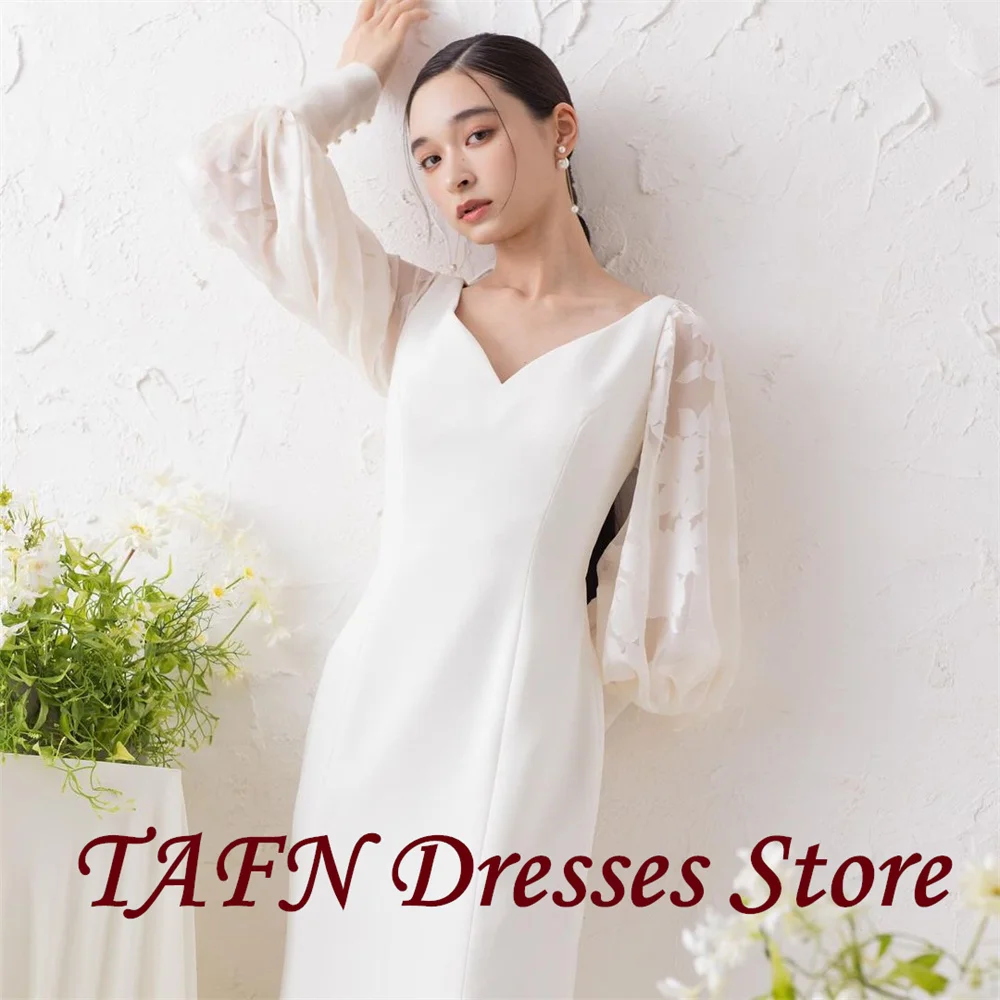 Tafn bescheidene japanische Brautkleider V-Ausschnitt lange Ärmel Brautkleid einfache elegante boden lange Fotoshooting Kleid nach Maß