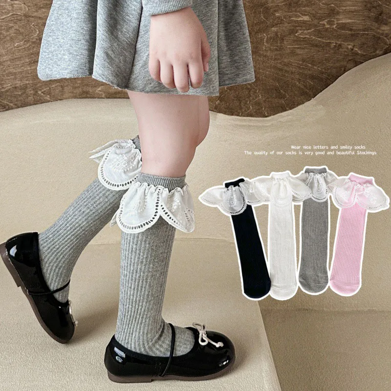 Spring Kids Straight Socks for 3-10T Children Sweet Versatile Calf Socks Girls Large Lace Pit Stripe Princess Design Stockings