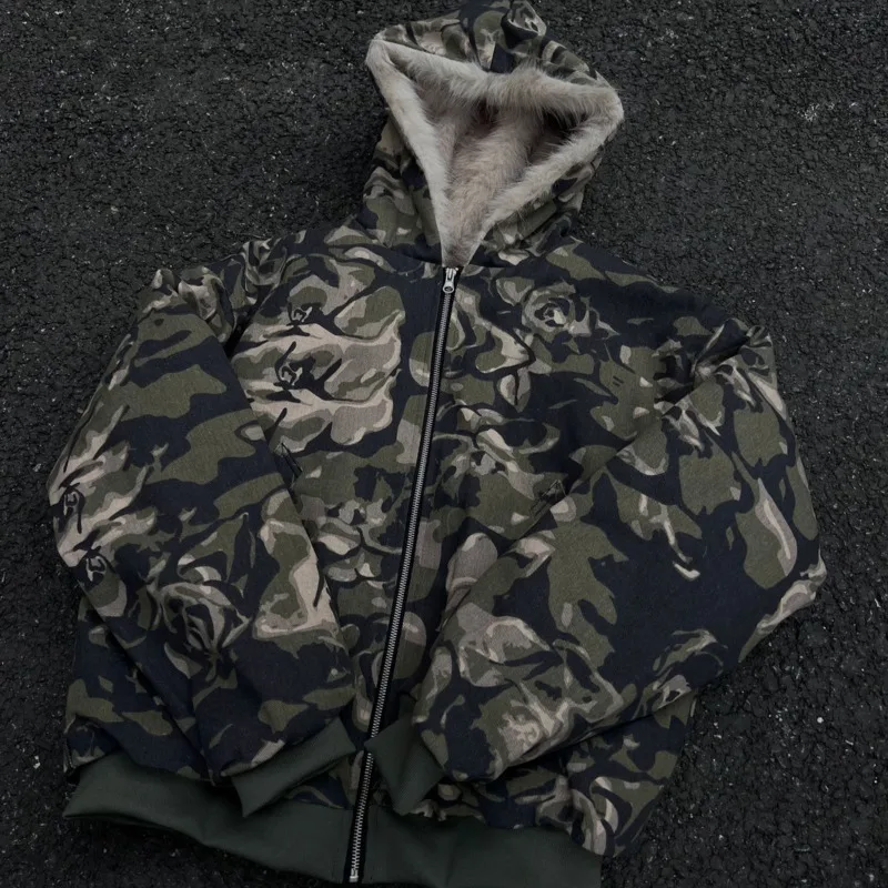 HKSH 2025 خريف شتاء جديد رجل المد الشرير شارع العليا التمويه الفراء طوق سترة شيك Ins مبطن معاطف دافئة التمويه HK13061