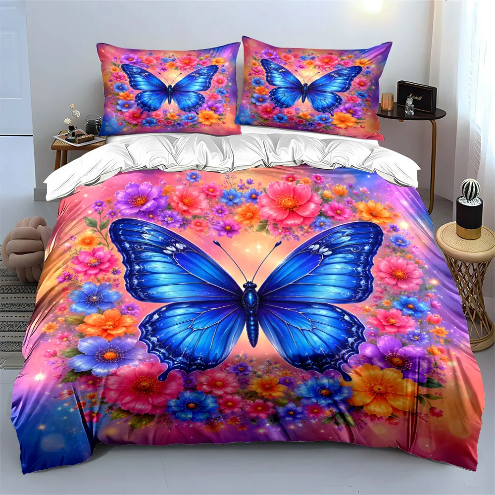 Blue Butterfly and Floral Wreath Print Bedding Set 1 Duvet Cover 2 Pillowcases for Adult and Children Luxury Gift Full Size