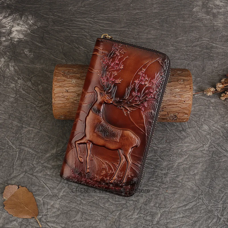 

Новый тисненый кошелек из натуральной кожи для женщин, длинная молния, большая вместительная сумка, сумка для телефона в этническом стиле, кошельки