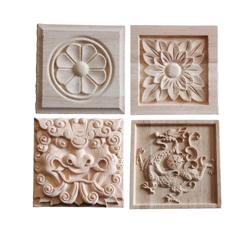 Solid Wood Square Flower Stickers, European and French Cross-border Hot Selling Square Relief Solid Wood Carving