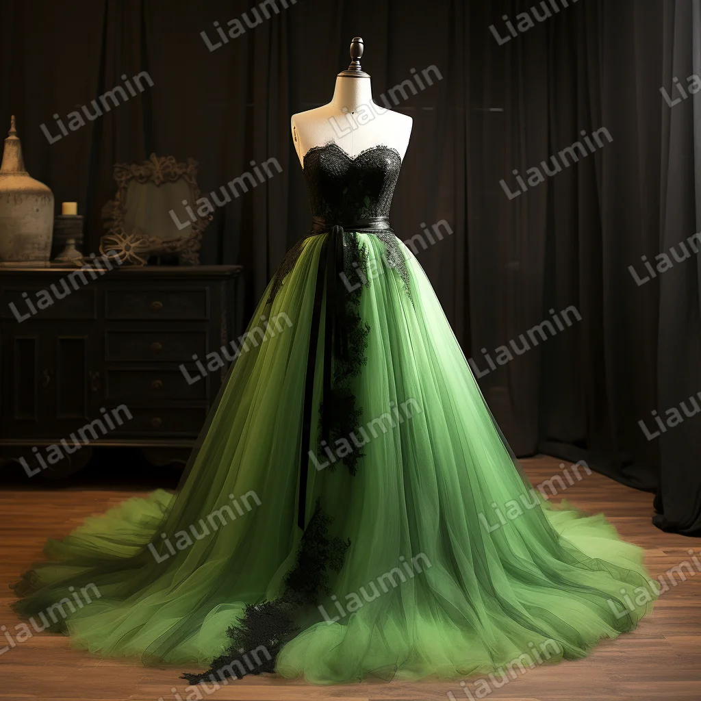 Simple Green and Black Lace Applique Lace Up Back Strapless With Sash Evening Prom Dress Brithday Party Formal Custom J2-2.3