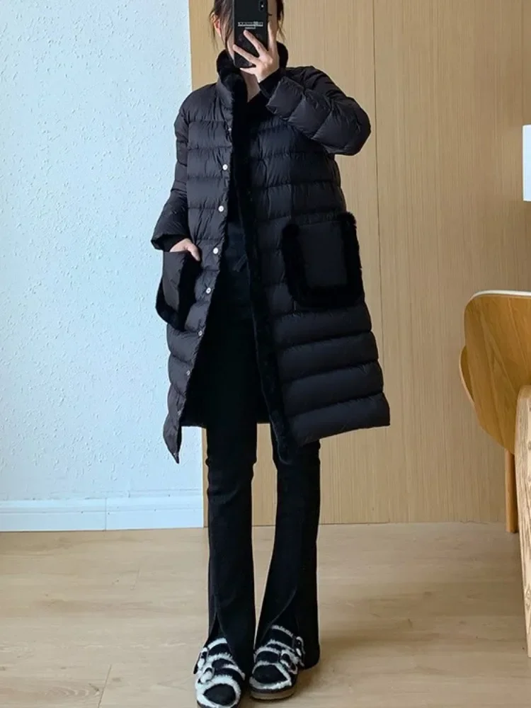 Stand Collar Warm Women Down Coat Fashion Single Breasted Spliced Rabbit Fur Winter New Casual Overcoat Middle Length Jacket