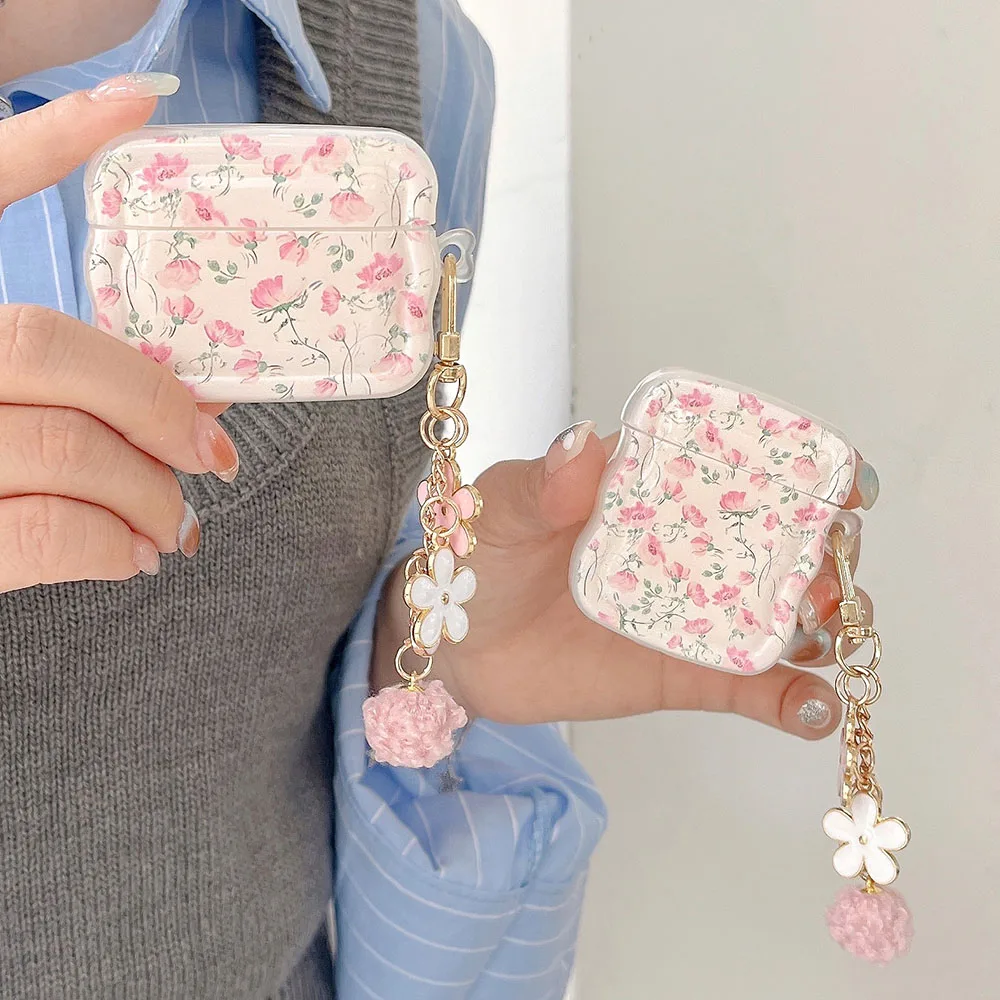 INS милый розовый чехол с цветочным принтом для Apple Airpods Pro 2 1 3, беспроводная зарядная коробка для наушников, брелок с подвеской в виде цветов