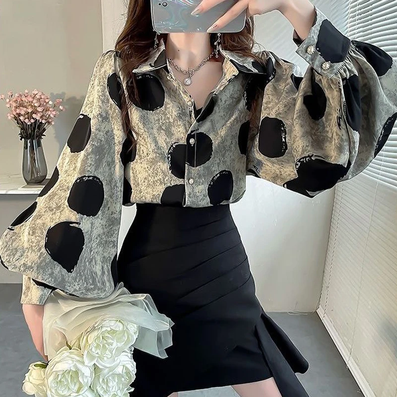 Women\'s Clothing Vintage Elegant Polka Dot Print Button Shirts Office Lady Lantern Sleeve Chic Designer Blouse Casual Loose Tops