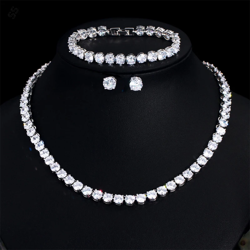 6MM Round Gemstone White Zircon Jewelry 3 Pcs Sets Necklace Earrings Bracelet Chain Bridal Wedding Dresses Accessories Wholesale