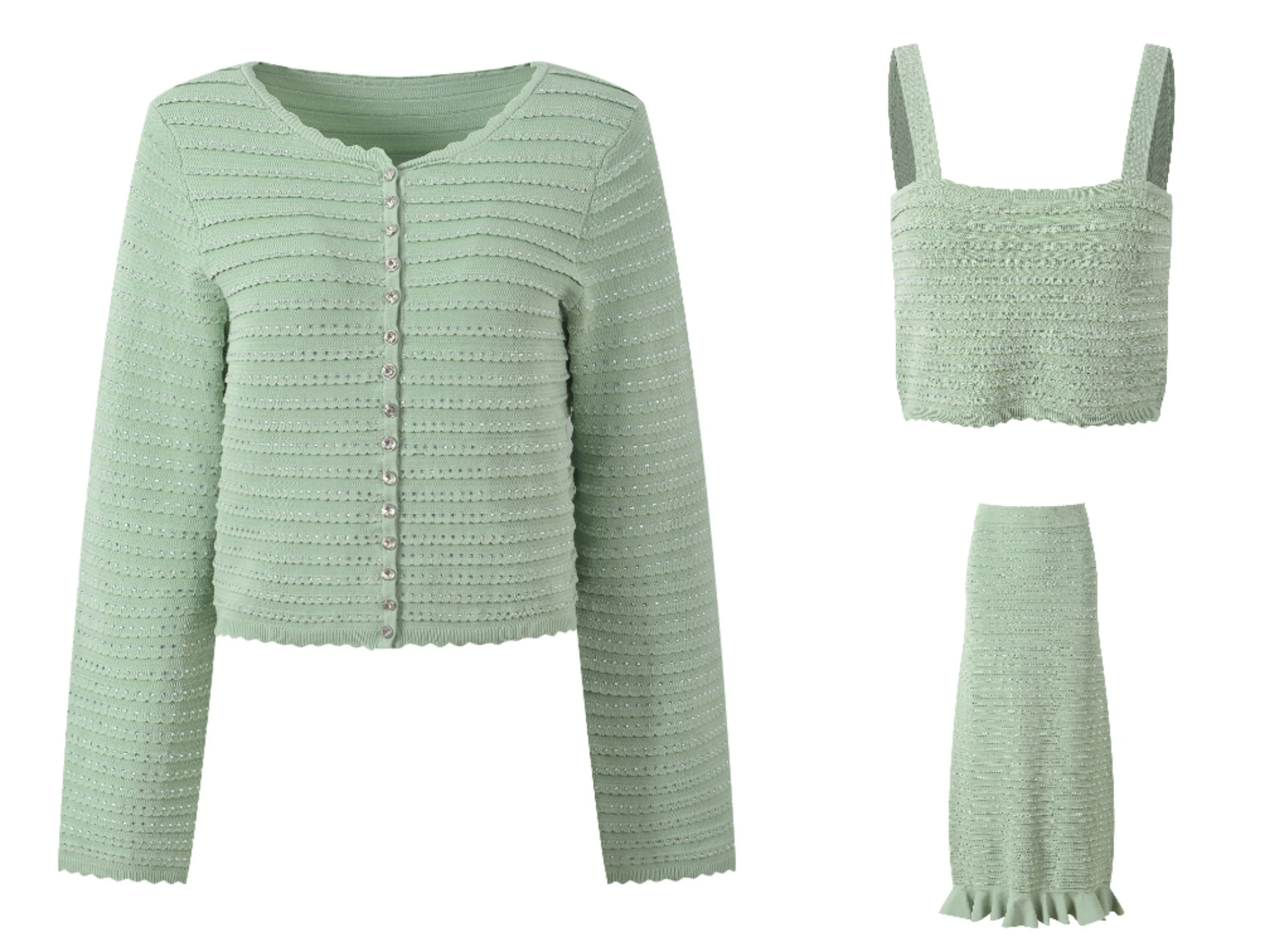 

Ele round Ne ort Cardigan with Diamond Decoration Lace Trimed Vest Top And Skirt Tee Piece Set for Women