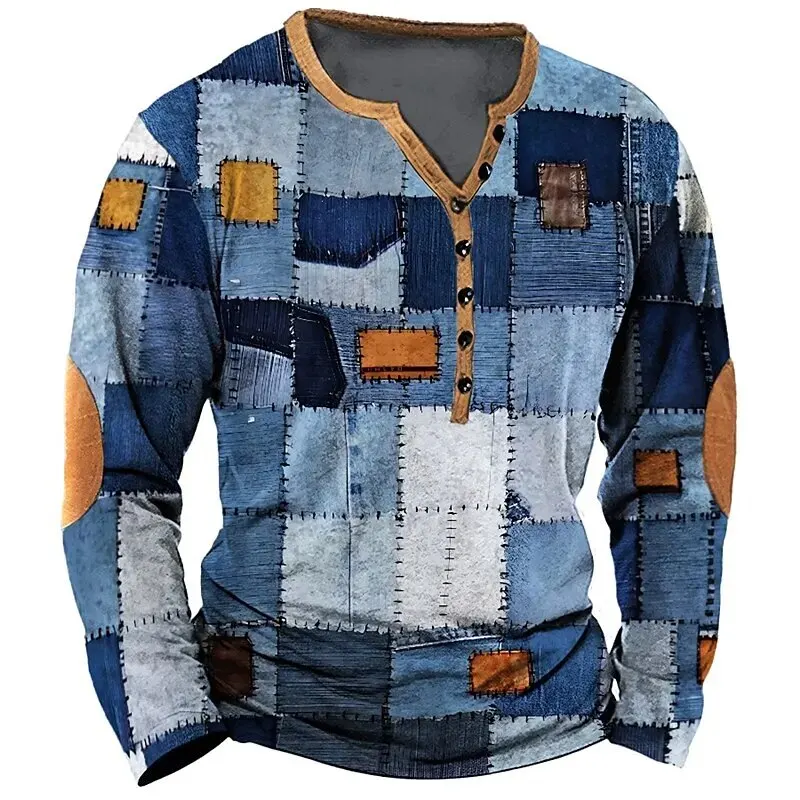 Patchwork Denim Vintage Men\'s T Shirt Patchwork Grid Pattern Long Sleeve 3D Print Long Sleeve T Shirt Oversized Men\'s Button Top