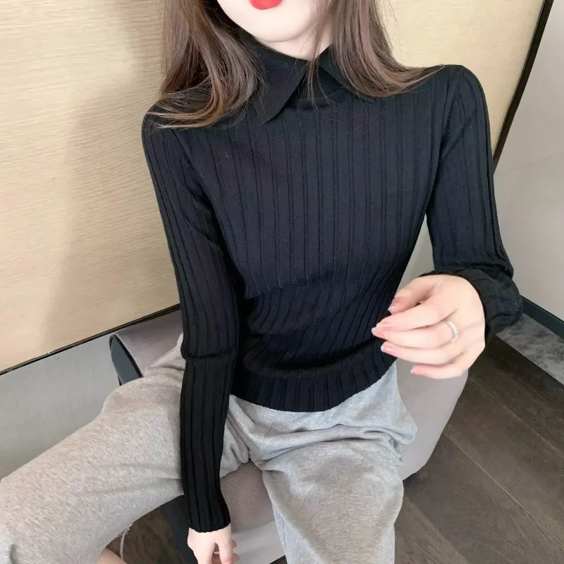 Chic Solid Ribbed Knitted Pullovers Women Slim Leisure Fashion Turtleneck Collar Sweater Ladies Warm Soft Knitwear Basic Tops BF