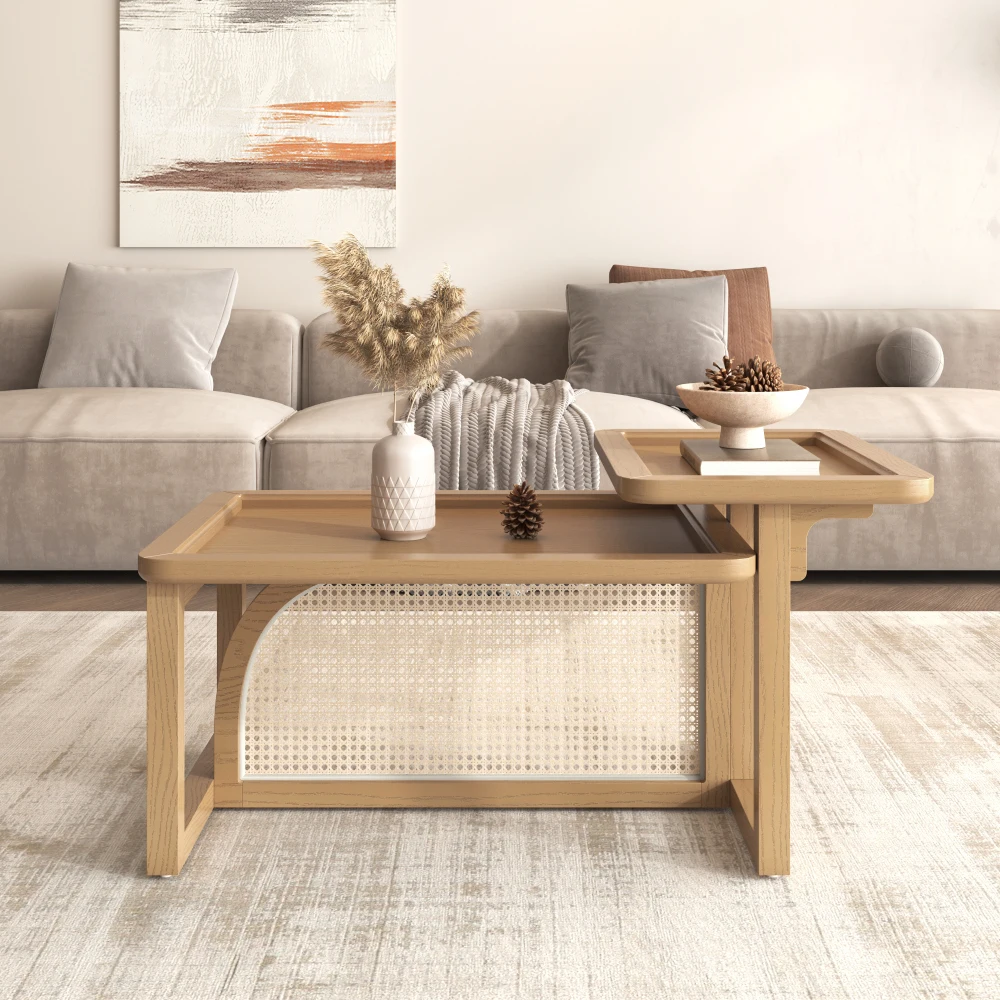 Modern 2 Piece Nesting Rattan Wood+ MDF Coffee Table Set in Natural Coffee Tables Living Room Furniture Side Tables