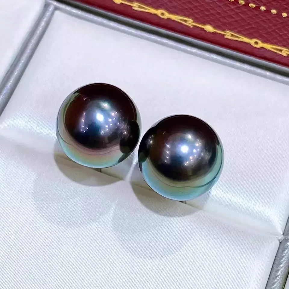 Perfect Round Pearl Earrings  AAAAA  11-12mm South Sea Black Natural Pearl Earrings 14K Gold