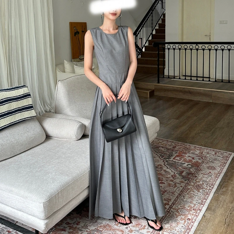 

Luxury High-end Gray Pleated Dress Women Patchwork Sleeveless Summer Dress Elegant Minimalist Slim Low Waist A-line Long Dress