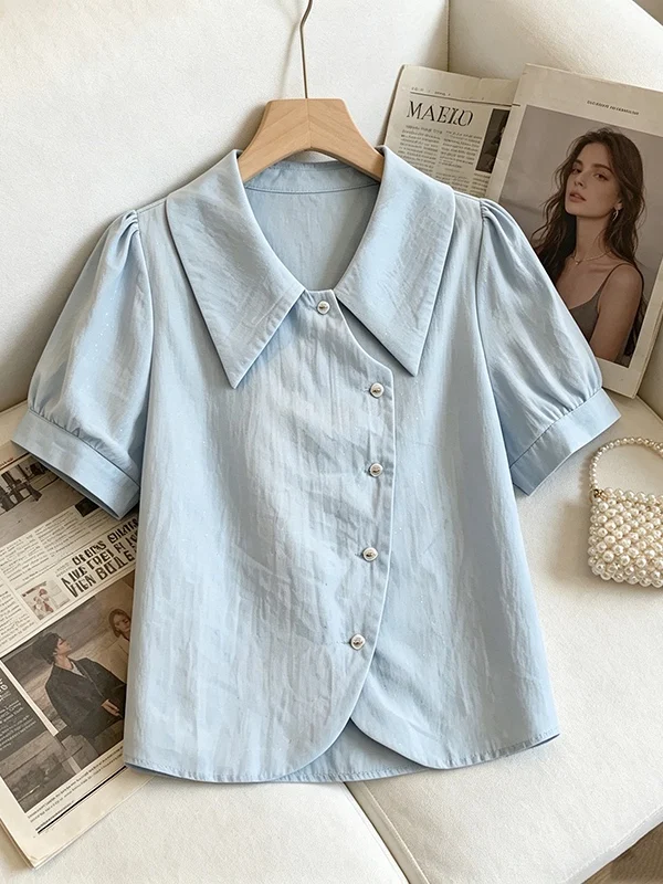 

plus Size Women's Fashion Asymmetrical Short Sleeve Shirt Loose Slimming Summer 2026 Korean Style Commute Wind Top