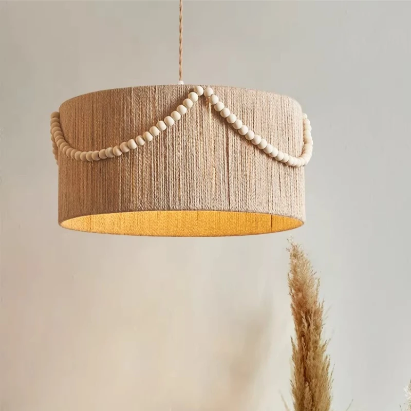 

Japanese Rattan Pendant Lights Round Drum Hemp Rope Lamp Bedroom Restaurant Shop Hotel Bohemian Rustic Beaded Lighting Fixtures