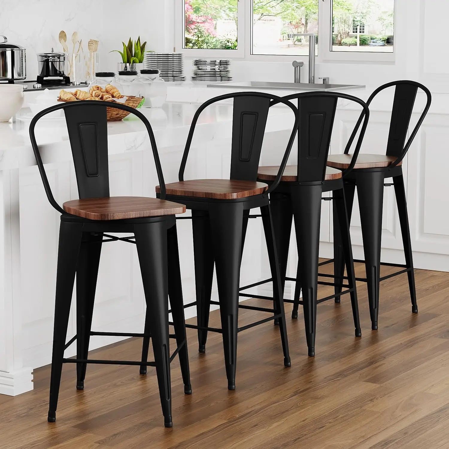 

24" Swivel Metal Bar Stools Set of 4 Counter Height Bar Chairs Industrial High Back Barstools with Large Wooden Seat Matte Black