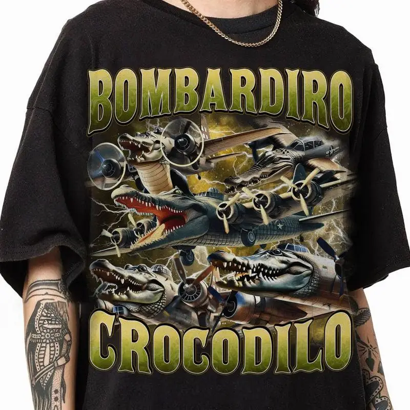 Bombardiro Crocodilo مضحك الدماغ Rot الإيطالية BrainroT تي شيرت التمساح