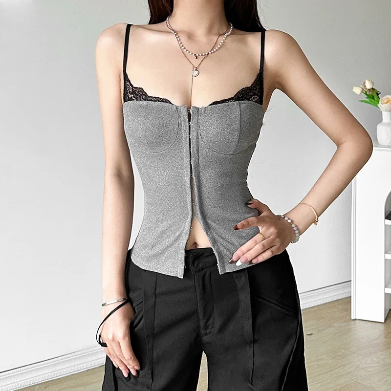 

Street Vintage Lace Hollow Out Camisole Vest 2025 Summer New Tops for Women Y2k Sexy Slim Fit Backless Gray Tank Top